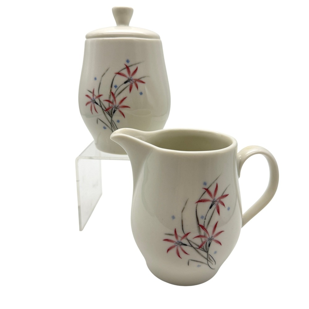 Syracuse China Flame Lily Creamer and Sugar Bowl Set Vintage MCM USA cafefree